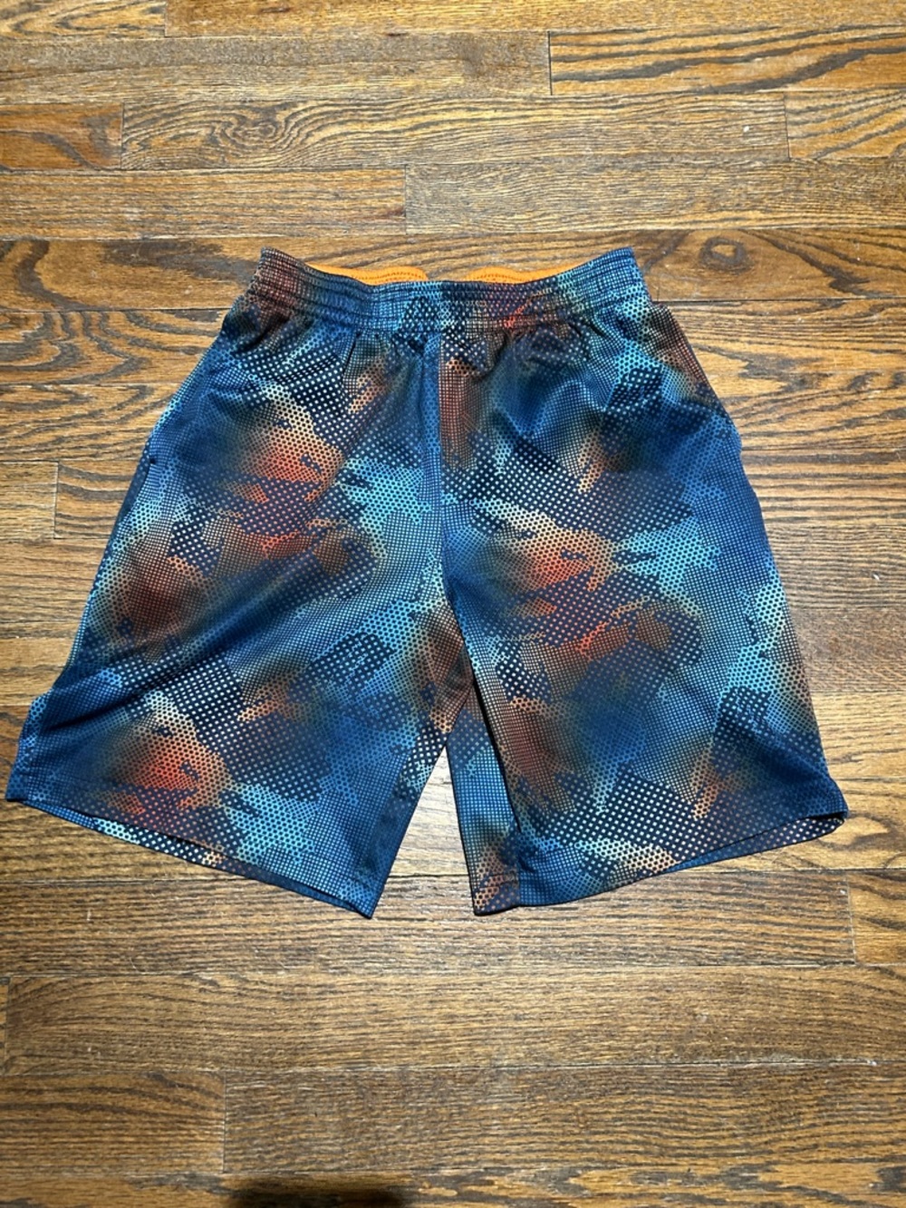 Athletic Shorts in Blue and Orange Camouflage Print